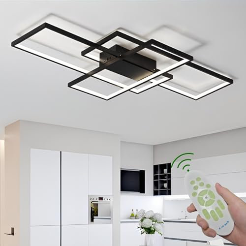 Deevin Plafoniera A LED Soggiorno Dimmerabile Soffitto Lamp Moderno Quadrato Designer Lampada A Sospensione Con Telecomando Cucina Sala Da Pranzo Ufficio Scala Soggiorno Lampadari,Nero,80x45x6.5cm