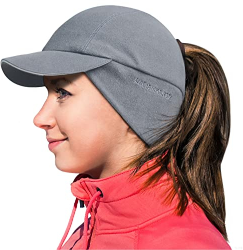 GADIEMKENSD Winter Fleece Hats Reflective Ponytail Hat for Women Ball Caps with Earflap Drop Down Ear Warmer Mens Skull Cap Beanie with Visor Cold Hat for Outdoor Hiking Snow Ski Running Light Gray