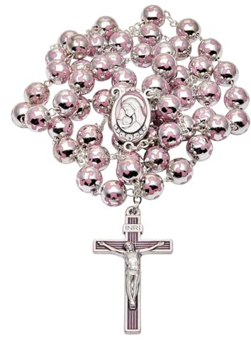 Mondo Cattolico - Rosario Católico del Sagrado Corazón de Jesús con Cuentas de Plata 925 Decoradas con Flores (Rosa)