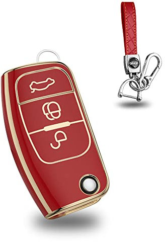 KUNIO Klapp Autoschlüssel Hülle Cover Passt für Ford Fiesta Focus 2 Ecosport Kuga Escape Falcon B-Max C-Max Galaxy Territory TPU Schlüssel Gehäuse Schlüsselanhänger Rot