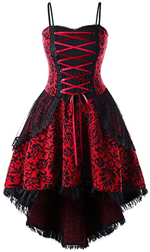 AMhomely Plus Size Corset Dresses for Women Gothic Lace Floral Dress Halloween Christmas Party Outfits Steampunk Bustiers Dress Sexy Lingerie Gothic Costume, 01 Red, XXL