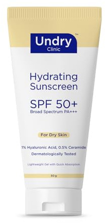 Undry Hydrating Sunscreen for Dry Skin Lightweight, Photostable Sunscreen SPF 50 Broad Spectrum Sun Screen Protector SPF 50 Sunscreen for Women & Sunscreen for Men; Sun Cream with HA & Ceramide (50gm)