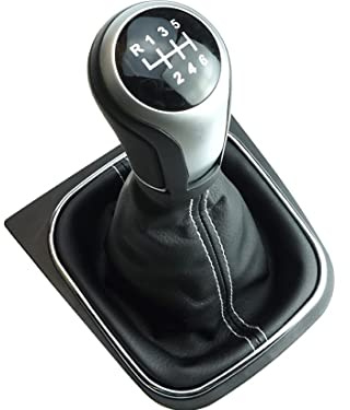 Newtown2700-parts Schaltknauf Schaltmanschette und Rahmen kompatibel für VW Golf 5 6 Jetta Scirocco Komplettset 1K0711113 5K0711113 1K8711113 6 Gang Silber weiße Naht, schwarze Kappe