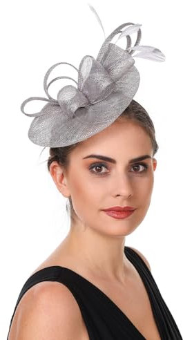 Sinamay Fascinator mit Blumenfedern, Kopfbedeckung, für Hochzeit, Party, Hochzeit, Cocktail, Teeparty, Derby-Hut für Damen, A16, Grau, M