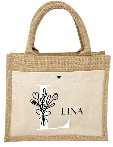 TOBJA Jutetasche Personalisiert mit Blumendesign | Jutebeutel in 2 Größen | Individueller Buchstabe und Name (S)