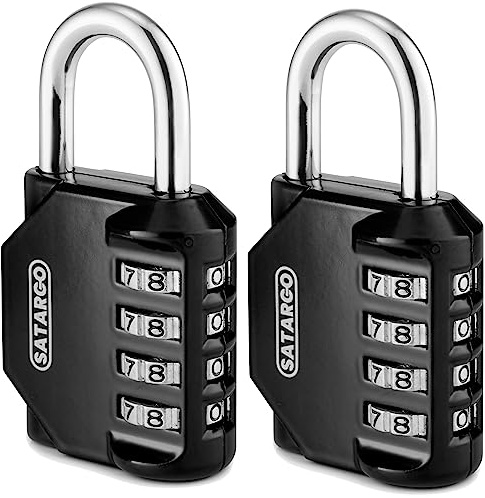 Satargo 4 Digit Combination Padlock for Gym Locker - Indoor and Outdoor Weatherproof Padlock with Code - Cut Resistant Digital School Locker Padlock (Black, 2 Pack)
