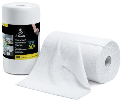 LIVOS Microfiber Cleaning Cloth Roll - 80 Pack, Reusable Paper Towels, White Tear Away, Microfiber Towels for Car, Super Absorbent Lint Free Cleaning Rags for House, Kitchen,Window- 11.5x11.5