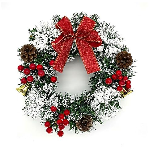 Irishom Weihnachtskranz für die Haustür, 20,3 cm, künstlicher Winterkranz zum Aufhängen an der Haustür, Fensterdekoration mit Tannenzapfen, Glocken und Beeren, Weihnachtsbaumschleife, Kranz