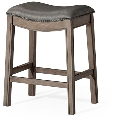 Maven Lane Adrien Saddle Counter Stool in Reclaimed Oak Finish with Ronan Stone Vegan Leather