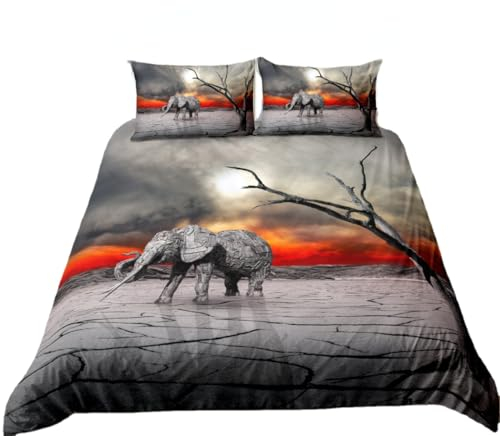 Elefant Bettwäsche 155x220 cm Mit Kissenbezug 80x80 cm Für Erwachsene Und Kinder, Kuschelige Bettwäsche Set 3teilig Mit Reißverschluss (A2,135x200 cm + 80x80 cm)