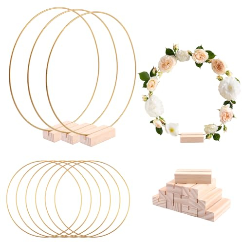 Svalor Metallring mit Holzständer Set, 10 Stück Gold Metallringe zum Basteln mit 10 Holzständer, 25cm Metallring Makramee Ringe, Drahtringe zum Basteln, für Hochzeitskranzdekor, DIY usw.