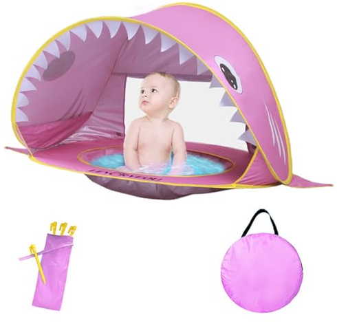 Balakaka Strandmuschel Pop up mit Baby Pool, 115 * 65 * 70cm Baby Strandzelt Strandmuscheln mit UV Schutz Sun Shelter/ 4 Bodenspitzen, Tragbar Faltbar für Familien Strand Camping Garten, Rosa