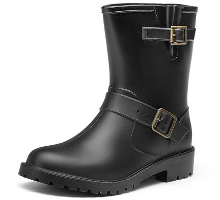 DREAM PAIRS Damen Motorrad Gummistiefel wasserdichte Stiefeletten Biker Boots Leicht Halbhoch,Size 38,Schwarz,SDRB2415W-E