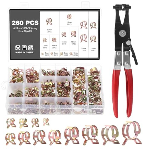 Knpwer 260 Pcs Clip à Ressort Tuyau Serre joints 12 Tailles Tuyaux Colliers de Clip à Ressort Tuyau Serrage Ajustable de Tailles 6-25mm,Avec une Pince à Collier de Serrage