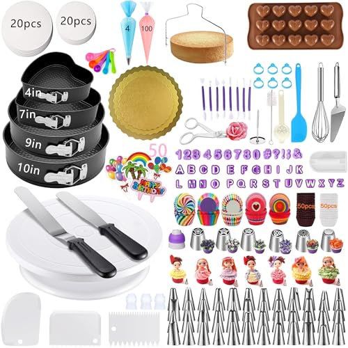 540PCS Cake Decorating Kit with 4 Springform Pans, Rotating Turntable, Decorating Tools & Cake Baking Supplies Set for Beginners