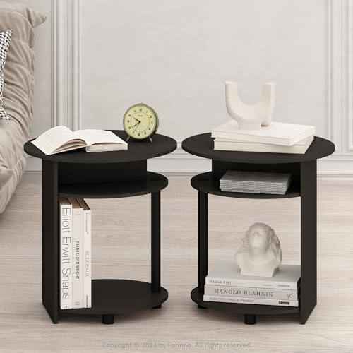 Furinno TIDUR Nachttisch-Set 2-teilig, 3-stufiger ovaler Nachttisch mit runder Tischplattenkante, Nachttisch am Bett mit offenem Regal, Endtisch, Beistelltisch, für Schlafzimmer, Wohnzimmer, Walnut