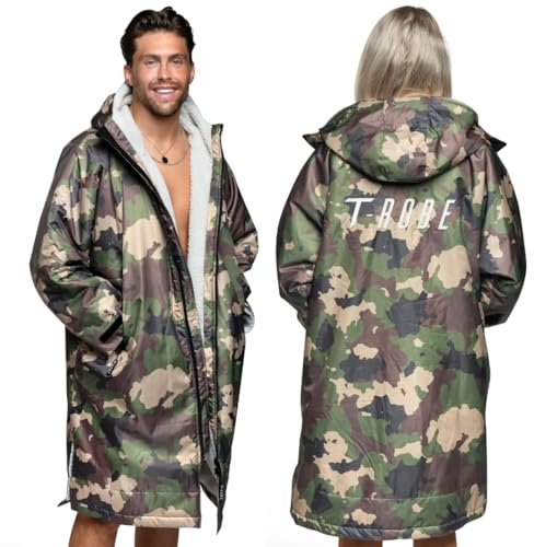 Totalcool T-Robe Wasserdichter Wickelmantel für Erwachsene, langärmelig, Herren-Bademantel, Surfen, wetterfest, schnell trocknend, warm, Sherpa-Fleece-gefütterte Jacke, Grau/Camouflage, M