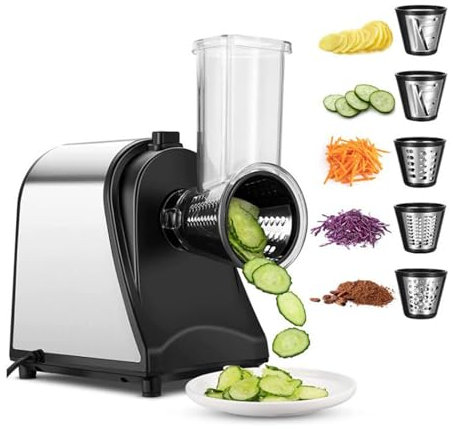 Rallador eléctrico de queso, picador automático de verduras, máquina de ensalada con 5 tipos de cuchillas, rallador giratorio, máquina de ensalada eléctrica para doméstico, control de un solo toque