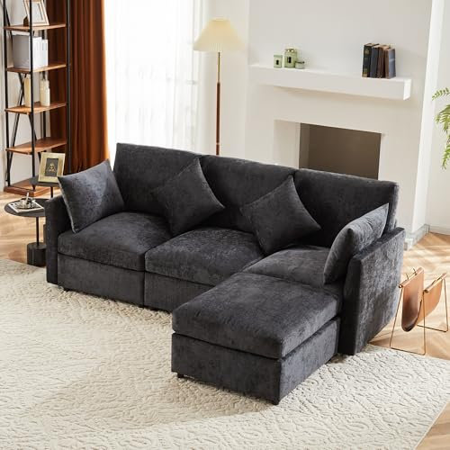 HAINEW Modern hörnsoffa hörnsoffa med avtagbart fotstöd och plastben, 3-sitsig L-formad soffa soffa med kudde och armstöd, chenille-tyg loungesoffa för vardagsrum (grå)