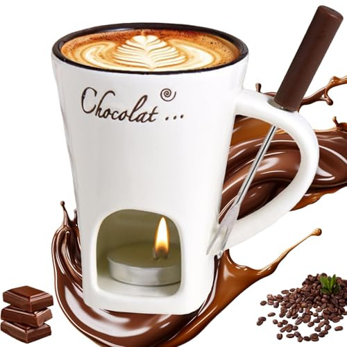 Chocolate Fondue Mug Set, 130 ml Ceramic Chocolate Fondue Cup, Chocolate Hot Pot Melt Cup, with Fork and Tea Light, Multi-Purpose Chocolate Fondue Set for Cheese, Chocolate, Butter, Caramel