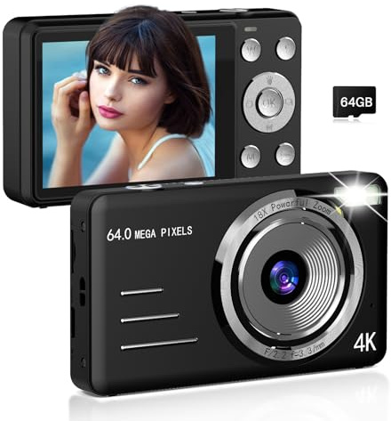 Forc Appareil photo numérique FHD 4K 64 MP pour enfants avec carte de 64 Go, zoom 18x, anti-tremblement, petit appareil photo compact pour enfants, cadeaux pour adolescents, filles, garçons