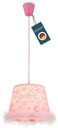 bmf-versand® Kinderlampe Decke Textilschirm Pink - Hängelampe Kinderzimmer Mädchen Junge - Kinderzimmerlampe mit Federn Hängend Rosa - Kinderleuchte Höhe 120 cm E27