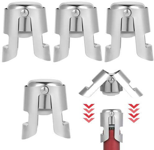 4 Tappi per Bottiglie di Vino - Tappi per Vino - Tappo per Vino, Edelstahl, Tappo Interno in Silicone, Antigoccia e Conservante, Adatto per Vino, Champagne e Altro