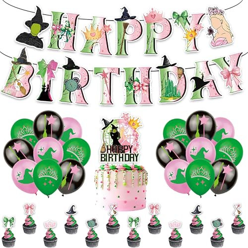 DABAOOU Set di decorazioni per feste verdi e rosa, palloncini, topper per cupcake, striscioni e topper per torta, per feste a tema strega, film, feste, discoteca, cosplay, compleanno, decorazione da