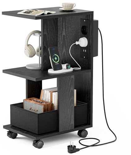 Pamapic Tavolino da Salotto con Stazione di Ricarica, Mobiletto con Cestino Rimovibili in Tessuto, Comodino Stretto a Forma di C per Soggiorno, Camera da Letto, 38 x 28 x 62 cm, Nero