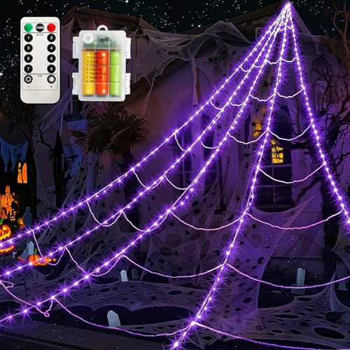 Newthinking Giant Light Up Spider Web, 16ft Large Spider Web with Purple Light for Outdoor House Yard Decoration