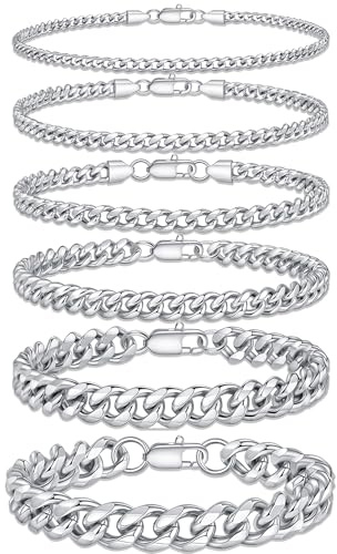 Yoosteel Silver Chain Bracelets for Men Women - Sturdy Silver Cuban Link Bracelet Set Stainless Steel Width Chain Bracelets Stackable Trendy Jewelry Gifts for Mens 9 Inches