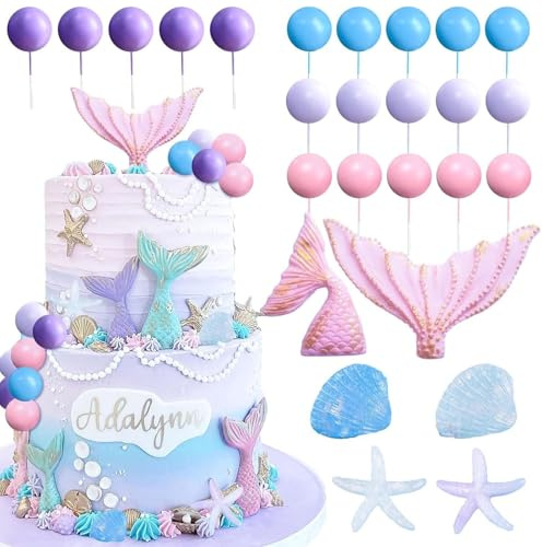 Toyhood 26Pcs Mermaid Theme Cake Decorations, Colorful Ball Cake Topper, Ocean Party Mermaid Seashell Sea Star Birthday Decorations, for Birthday Baby Shower Wedding Party