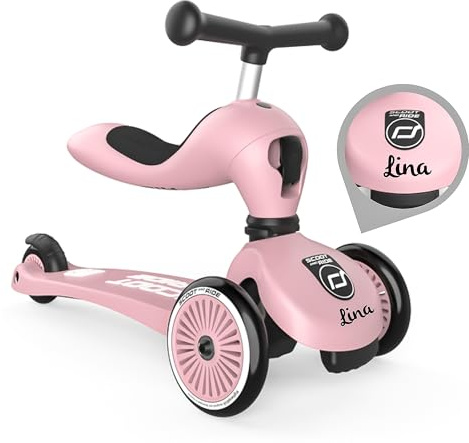 Scoot and Ride Highwaykick 1 Rose personalisierbar – 2in1 Kinderroller & Laufrad – Roller ab 1 Jahr bis 5 Jahre – Höhenverstellbar & Kippsicher – Premium Kickroller für Kinder