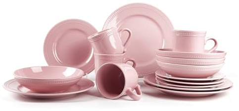 16 Pieces Stoneware Dinner Set for 4, Pink Ceramic Dinnerware Set with Plates, Bowls & Mugs, Chip & Scratch Resistant, Microwave & Dishwasher Safe
