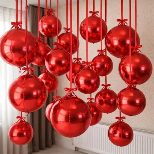 HILAVO 12PCS Red Round Foil Balloons, 22 15 10 Large 4D Ball Balloons