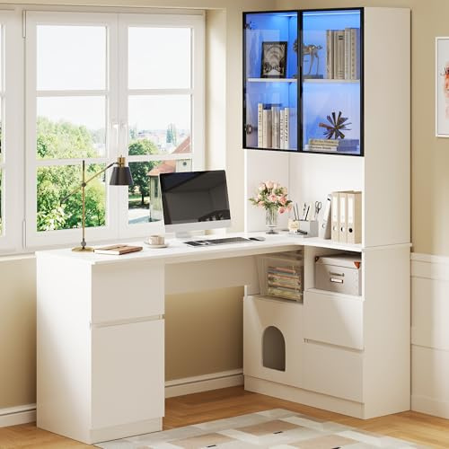 BTM Eckschreibtisch mit Regal und LED-Vitrinenschrank Schreibtisch Schrank mit Schubladen, Bücherregal und Haustierfach Weiß
