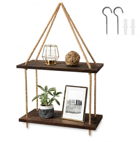 Kisstta Makramee Hängeregal Holz, mit Haken, Wandregal zum Aufhängen für Pflanzen & Deko, Hängeaufbewahrung Regal Wand, Schweberegal, für Balkon, Wohnzimmer, Schlafzimmer (Braun 1)