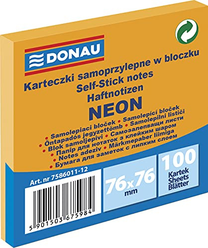 DONAU 7586011-12 Notes Würfel Haftnotizen Neon-Orange Selbstklebende Haftnotizzettel Sticky Notes 76X76mm, 1x100 Blatt, Notizblock klebend für Büro Schule, orange neon