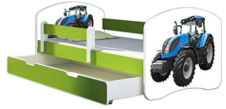 ACMA Kinderbett 160x80 Jugendbett mit Einer Schublade und Matratze, Farbe Grün, Rausfallschutz Lattenrost II Spielbett Kinderzimmer Möbel, 42 Traktor