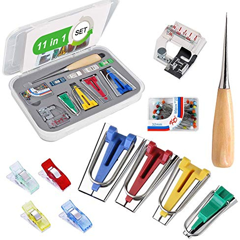 60 Stück Schrägbandformer Set, Schrägbandformer Schrägband Werkzeug mit Ahle,Stoffklammern,Glaskopfnadeln und Nähfuß, Bias Tape Maker Kit Binding Nähen Zubehöre zum Schrägbandformer 6mm/12mm/18mm/25mm