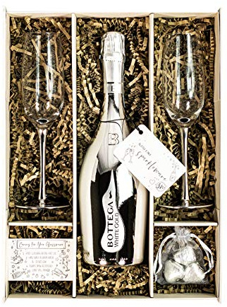 Bottega White Gold Sparkling Wine 75cl Gift Set Hamper With 2 Metallic Silver Champagne Flutes, Chocolates And Gift Box - Thank You Gift For Him and Her (Metallic Stems)