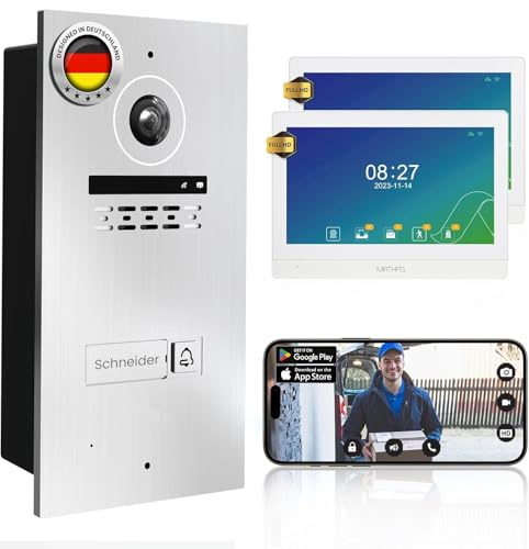 MATHFEL 2 Draht Bus Video Türsprechanlage Gegensprechanlage Fischaugenkamera 170 Grad, Außenstation in Silber, 2x10'' Monitor WLAN, mit Gravur Personalisiert