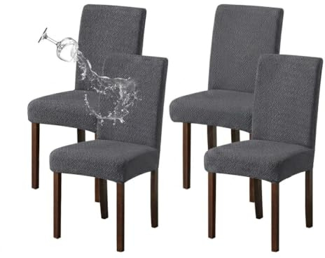 KELUINA Stretch wasserdichte Jacquard mit langem Gitter Esszimmer Stuhlhussen Home Decor, Stuhlhussen für Esszimmerstühle(Grau,4 Stück)