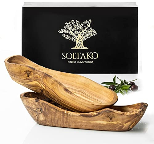 SOLTAKO Frutero y Cesta de Pan Rústica de Madera de Olivo - Cesta de Baguette Larga - Hecho a Mano - Cuenco Grande para Frutas