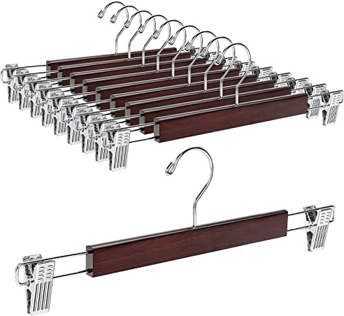 Amber Home 10 Pack 14.17 Solid Walnut Wooden Pant Skirt Hangers, Bottom Hangers for Slacks Trousers Jeans with 2-Adjustable Anti-Rust Clips (Walnut, 10 Pack)