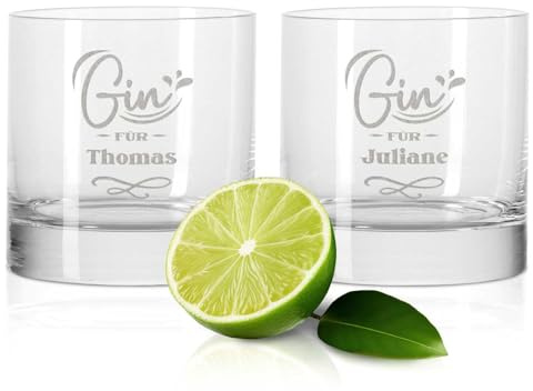 GRAVURZEILE 2er Set GIN-Gläser - GIN für mit Wunschname - personalisiertes Geschenk für Kollegen, gute Freunde & Familie - GIN-Glasses + GIN-Tonic - Party Mitbringsel Geschenkset