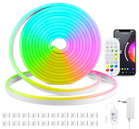 AIMENGTE WiFi Neon Led Strip, 5M 12V IP65 Waterproof Silikon LED Streifen, mit Alexa, Fernbedienung, App-Steuerung, Musik-Sync Funktioniert, Sprach Steuerung, Zeitschaltuhr für DIY, TV