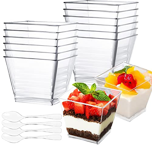 50 Piezas Vasos de Postre Plástico, Vasitos Aperitivos con Cucharas Copas Postre Reutilizables Cuadrados Transparentes Tazas De Postre para Fiesta de Mousse Pudín Postre, 60 ml