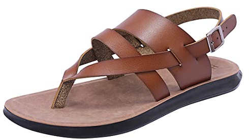Harssidanzar Herren-Ledersandalen, Sommer-Komfort, Outdoor, verstellbarer Knöchelriemen, flache Schlupfsandalen für Herren KM218, khaki, 42.5 EU