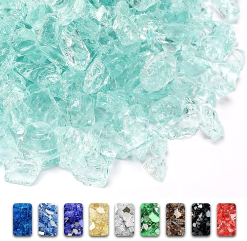 GRISUN 9 kg Feuerglas für Feuerstelle – 1,27 cm gehärtetes Glas Felsen für Natur- oder Propan-Kamin, sicher für den Außen- und Innenbereich, Feuerstelle, Glas, Wasser Cyan